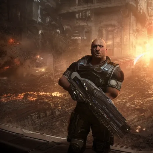 Image similar to Alex Jones in Gears of War, splash art, movie still, cinematic lighting, dramatic, octane render, long lens, shallow depth of field, bokeh, anamorphic lens flare, 8k, hyper detailed, 35mm film grain