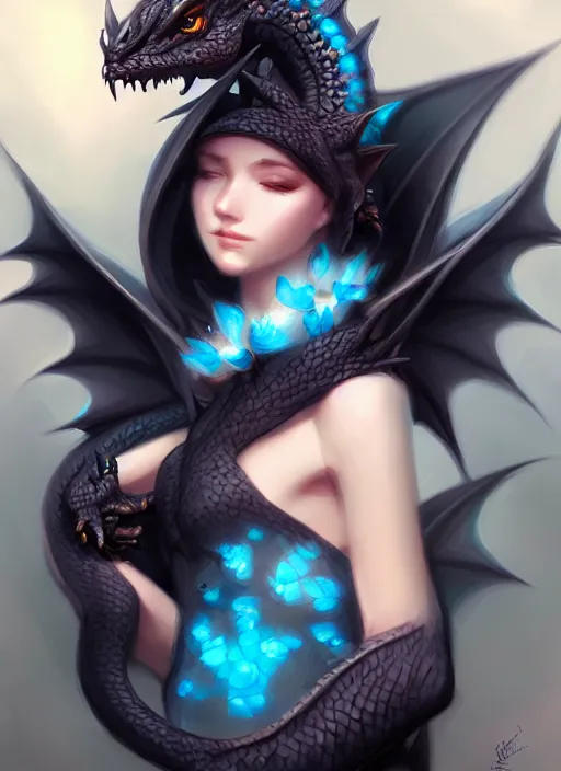 Image similar to black cute little dragon, flowers, black gold light blue, diamonds, highly detailed, artgerm, cushart krenz, artstation, soft light, sharp focus, illustration, character design, concept art