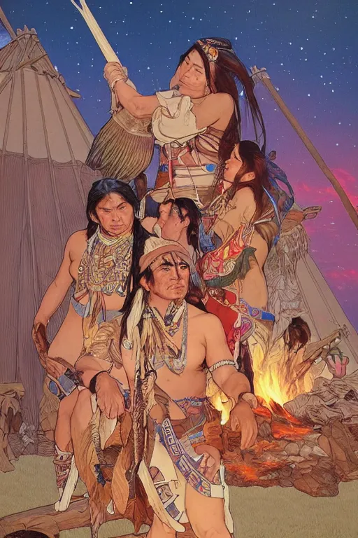 Image similar to serene scene of native americans around a fire in front of a tipi, by artgerm and yoshitaka amano and moebius and alphonse mucha, hyperdetailed, dc comics, ornate, nebula, explosions in the sky, trending on artstation