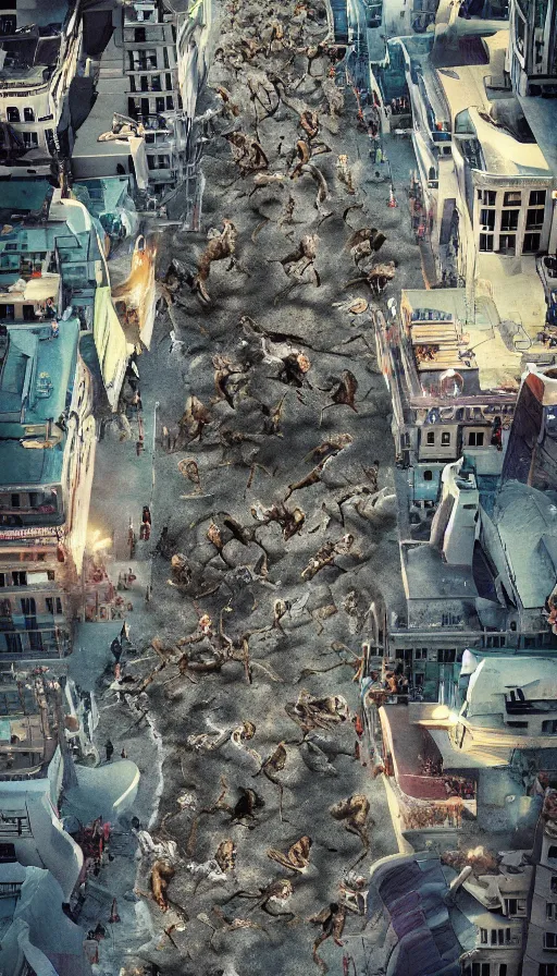 Image similar to hundreds people running away from the catzilla. trending on artstation. realistic cinematography, photorealistic, photography, wide shot from the drone, aerial photo