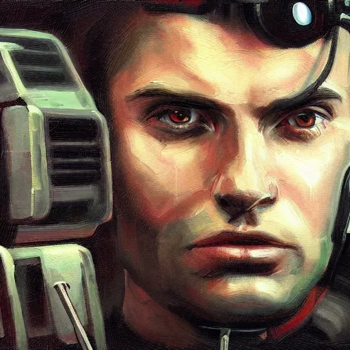 Image similar to portrait painting of a science fiction character art radio operator, retrowave noir, in the style of casey baugh and theo van rysselberghe, hyper realistic face, photorealistic face