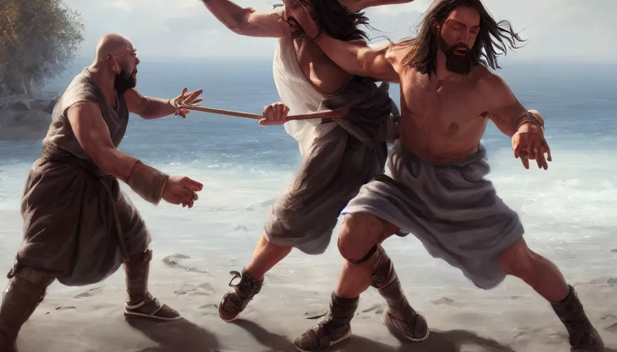 Image similar to a painting of jesus fighting a blind man, hyperrealistic, 8k, unreal engine, artstation, cgsociety