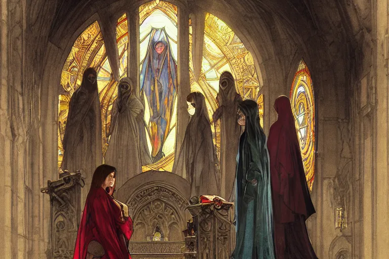 Image similar to inside the sepulchre, dark scene, light coming in from the left, steps leading down, 3 marys crouching in colored robes at the tomb | medium close | triangle composition, by artgerm, greg rutkowski, rubens, alphonse mucha