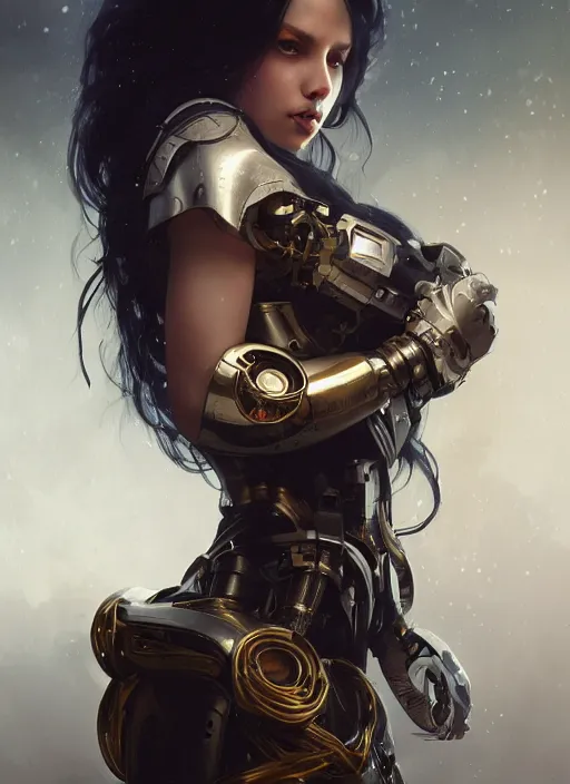 Image similar to a Photorealistic dramatic hyperrealistic render of a female cyborg, brilliant gold eyes, flowing beautiful black hair, white veil,by WLOP,Artgerm,Greg Rutkowski,Alphonse Mucha, Beautiful dynamic dramatic dark moody lighting,shadows,cinematic atmosphere,Artstation,concept design art,Octane render,8K