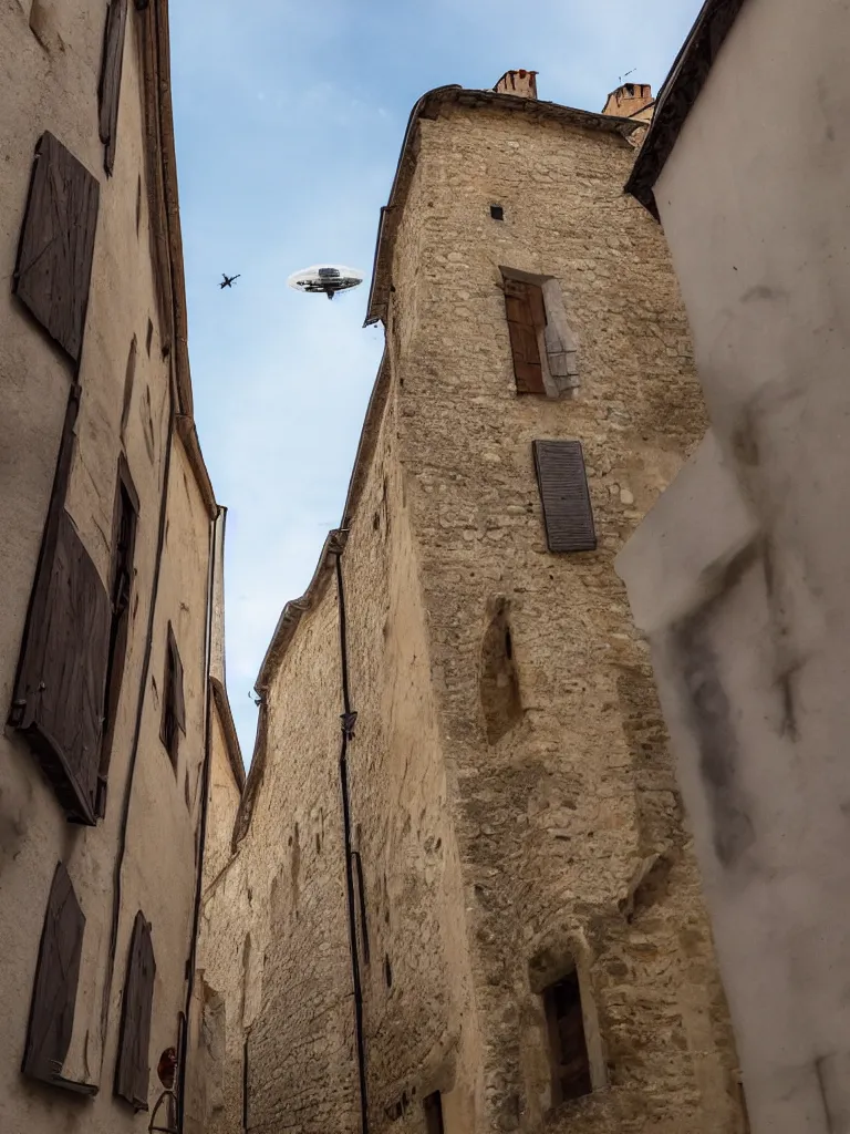 Image similar to painting, photography of a an alien spaceship over the sky in a medieval old city in france