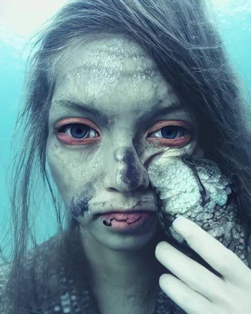 Image similar to detailed eyes, beutiful face of an underwater human descendant fishwoman, darkness, macro lens, very deep sea, mariana trench, dark, hd, dagon, fishpeople