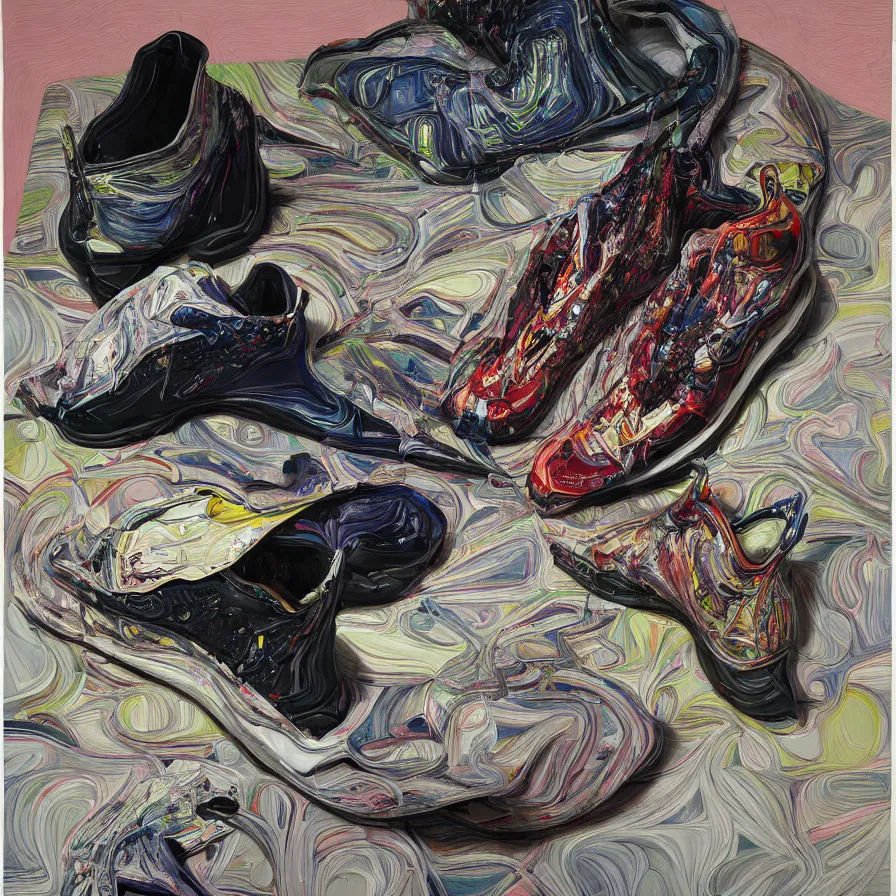 Image similar to futuristic balenciaga sneakers, nft art, highly detailed, hyper realistic, art by todd mcfarlane, by ( ( ( lucian freud ) ) ) and gregory crewdson and francis bacon