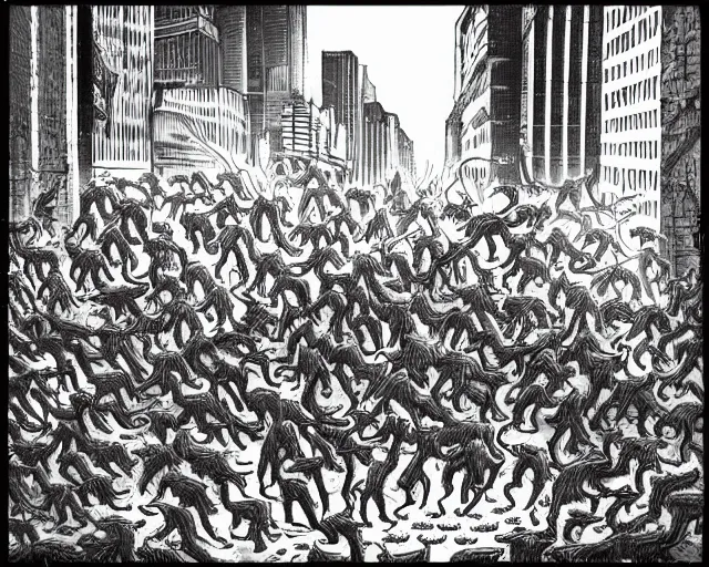 Prompt: a swarm of demons in the city. there is peace.