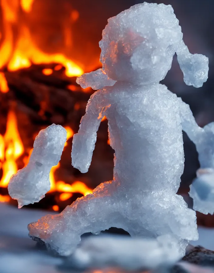 Image similar to mini version of iceman, sitting in a room filled with fire, cinematic, award-winning, 8k, hyperrealistic