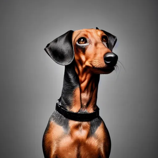 Image similar to dachshund flexing biceps, photography, studio lighting