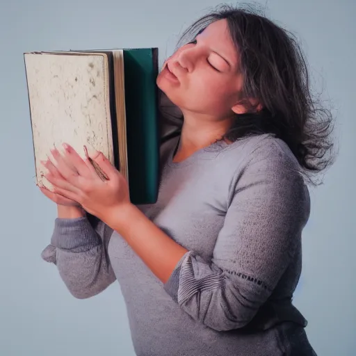 Image similar to terrified woman holding a book with monster hands coming from it, horror high quality DSLR photography