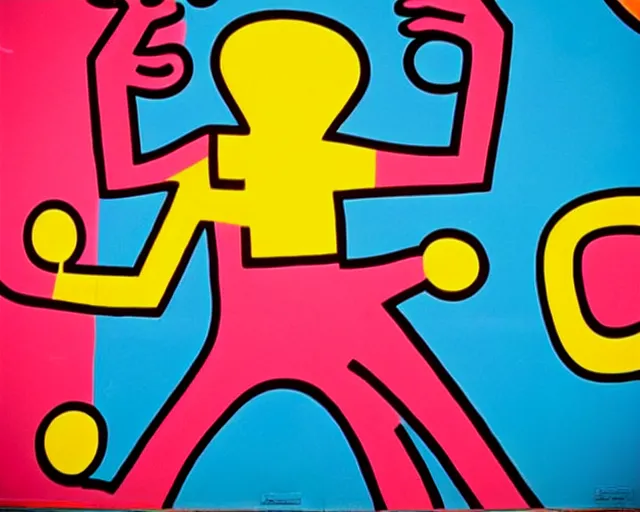 Image similar to gilberto gil street art by keith haring. gilberto gil smiling, eyes closed. bright blue background