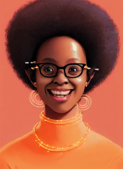 Prompt: portrait of shy black girl, realistic, natural hair, afro puffs, pointy nose, skinny, smile, nerdy, defined jawline, big chin, orange hair bow, earrings, intricate, elegant, glowing lights, highly detailed, digital painting, artstation, sharp focus, illustration, art by wlop, mars ravelo and greg rutkowski