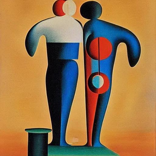 Image similar to Oil painting by Oskar Schlemmer. Two mechanical gods kissing. Dali.