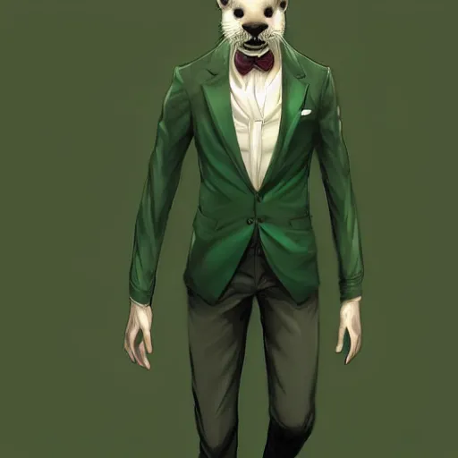 Image similar to a half human half otter creature wearing a green tuxedo suitCharacter design by charlie bowater, ross tran, artgerm, and makoto shinkai, detailed, inked, western comic book art, 2021 award winning painting,digital art,ultra realistic,ultra detailed,art by greg rutkowski,hyperdetailed,photorealistic