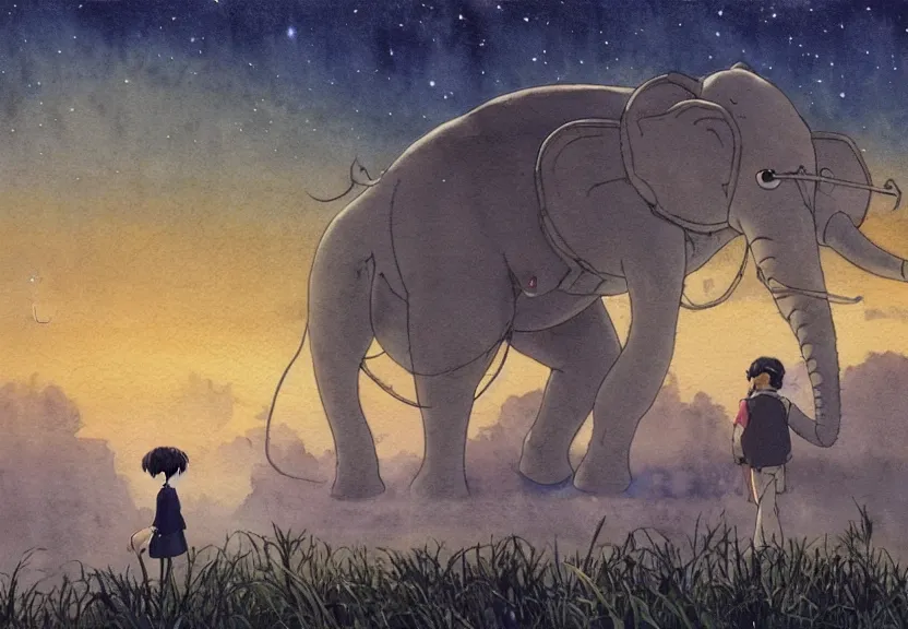 Image similar to a hyperrealist watercolor concept art from a studio ghibli film showing a giant grey lovecraftian mechanized elephant from howl's moving castle ( 2 0 0 4 ). a hindu is under construction in the background, in india on a misty and starry night. by studio ghibli. very dull muted colors