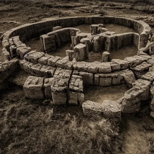 Prompt: Documentary photograph of a large Vedic pre-christian Russian city ruin, the ruin is hidden in an unmapped area of the far eastern taiga, dramatic lighting, high contrast, f/22, 35mm