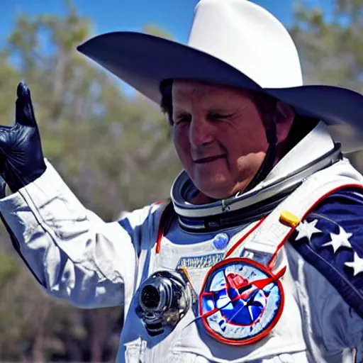 Image similar to a man wearing a futuristic NASA cowboy outfit