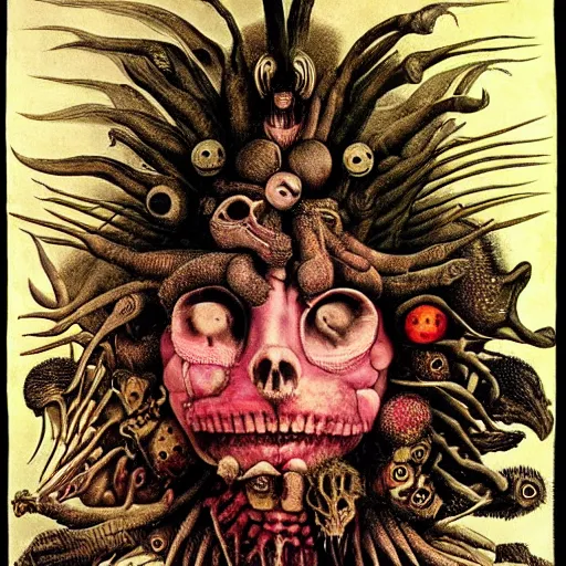 Image similar to post - punk new age album cover, magic, apocalypse, psychedelic, psychonaut, black white pink, magic, giger h. r., giuseppe arcimboldo