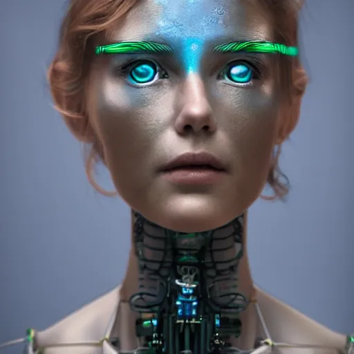 Prompt: Beautiful Fine art photography portrait of a solarpunk half robot half human girl with real human face, highly detailed, photorealism, cinematic lighting 8k