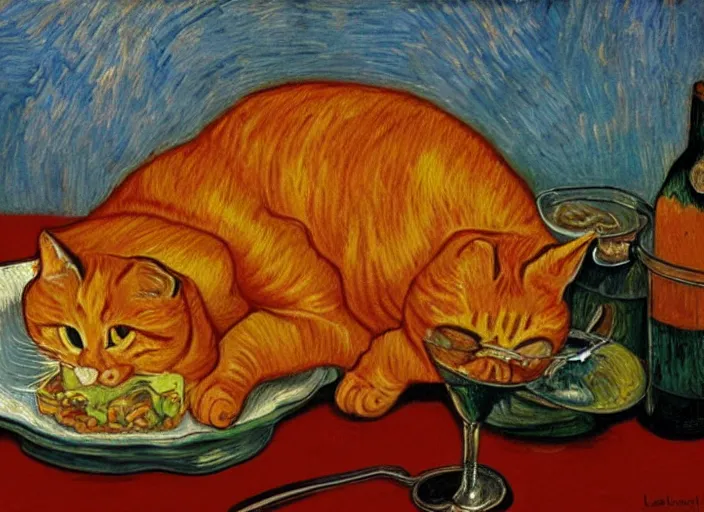 Image similar to detailed realistic realism painting of orange tabby cat eating lasagna at dusk, in the style of vincent van gogh and salvador dali and leonardo da vinci