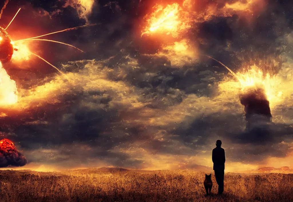 Prompt: old man with ( black cat ) watching nuke explosion cinematic, background blur bokeh, world ending nuke, 4 k