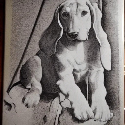 Image similar to sitting beagle, artist sketch, michelangelo, beautiful composition, masterpiece