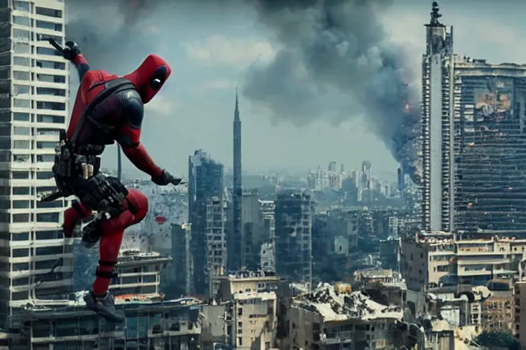 Prompt: Deadpool leaps off militarily helicopter firing missiles and smashes through high rise window, explosions, by Emmanuel Lubezki