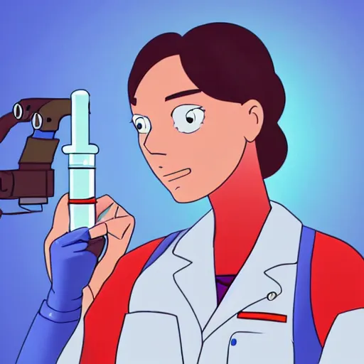 Image similar to a female scientist with a futuristic cyborg arm drawn in american animation style