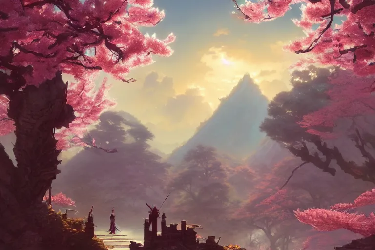 Prompt: wuxia, ancient relic, cherry blossoms, unreal engine, fantasy art by greg rutkowski, loish, rhads, ferdinand knab, makoto shinkai and lois van baarle, ilya kuvshinov, rossdraws, tom bagshaw, global illumination, radiant light, detailed and intricate environment