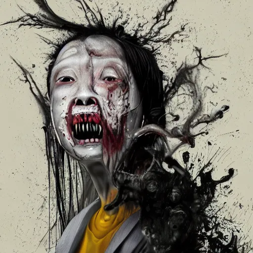 Image similar to a haunted alley, full body shot of kuchisake onna, exploding razors and wire, filth and rot, intense paranoid digital oil painting by alberto seveso and stephen gammell, inspired by giger and junji ito, dissolving mist and dust