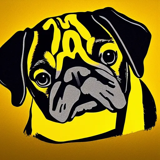 Prompt: a sad pug, modern, minimalist, stylized, letterless, classic, yellow, black, pictorial mark, iconic logo symbol, yellow background, artstation