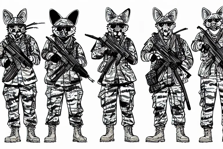 Image similar to ink study of a group of furry modern army soldiers with animal ears, fish eye perspective, key visual with intricate linework, in the style of kim jung gi
