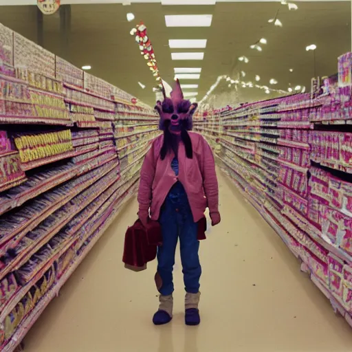 Prompt: a photograph of a violence goblin in a pink walmart, portra 800