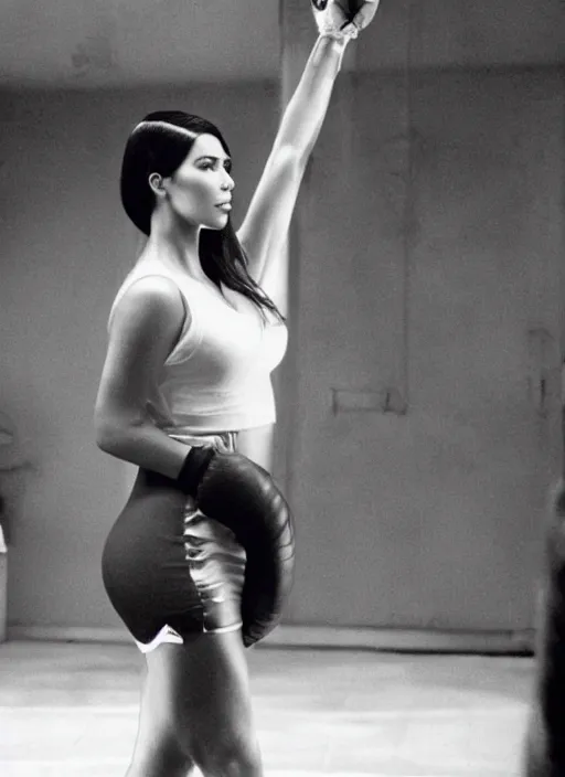 Image similar to film still of kim kardashian as rocky balboa in rocky,