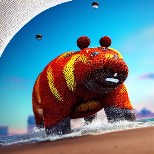 Image similar to a closeup photorealistic photograph of a cute smiling knitted tiger hippopotamus chasing a beachball at sunset. surf in the background. professional capture. this 4 k hd image is trending on artstation, featured on behance, well - rendered, extra crisp, features intricate detail, epic composition and the style of unreal engine.