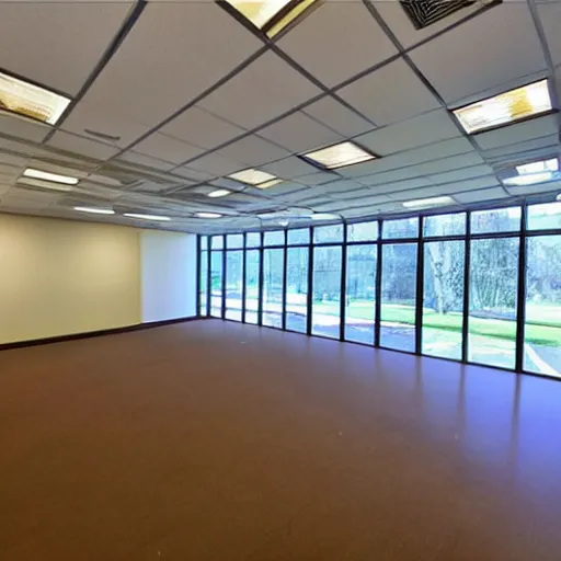 Image similar to corporate office building mailroom, large floor to ceiling windows, view of a beautiful unspoiled woodland