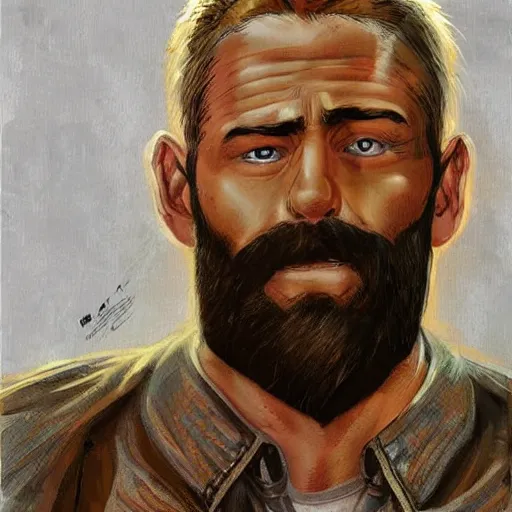 Image similar to beautiful portrait of a young bearded man, in the style of Enki Bilal and Joe Jusko and Alex Ross