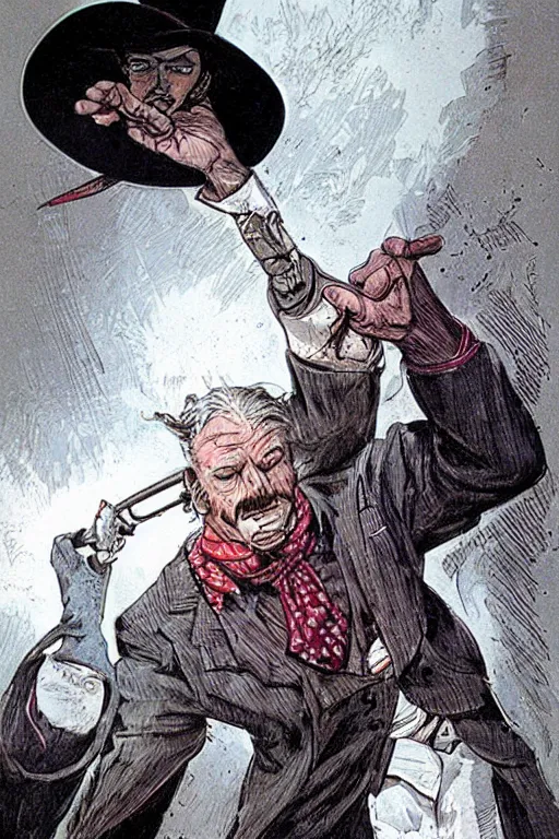 Prompt: vernon. Smug old west circus firebreather. concept art by James Gurney and Mœbius.