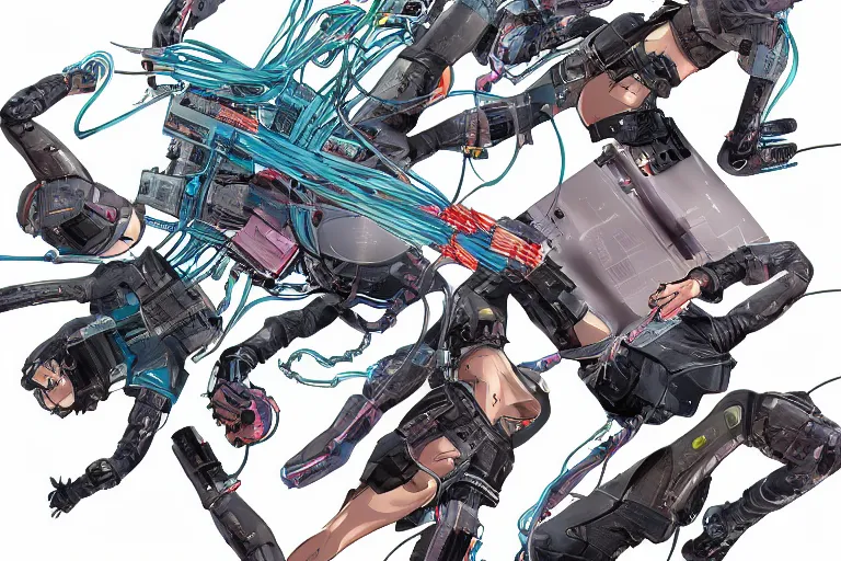 Image similar to a cyberpunk illustration of a group of three coherent female androids in style of masamune shirow, lying on an empty, white floor with their bodies broken scattered rotated in different directions and cables and wires coming out, by yukito kishiro and katsuhiro otomo, hyper-detailed, intricate, view from above