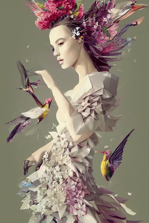 Image similar to full length fashion illustration of a beautiful girl wearing an origami dress, eye - level medium shot, fine floral ornaments in cloth and hair, hummingbirds, elegant, by eiko ishioka, givenchy, by peter mohrbacher, centered, fresh colors, origami, fashion, detailed, serene, dreamy, vogue, japanese, reallusion character creator