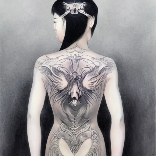 Prompt: An Asian woman with a full-body tattoo of the Dark Arts with her back turned to the camera highly detailed, fullbody, artstation, dark fantasy, horror, Silent Hill game, concept art, smooth, sharp focus, illustration, art by greg rutkowski and orientalism and bouguereau and Zdzislaw Beksinski, good clear quality, lighting, biology, symmetrical artwork, perfect face, 135 mm, cinematic, hyper realism, high detail, octane render, 8k, chrome accents