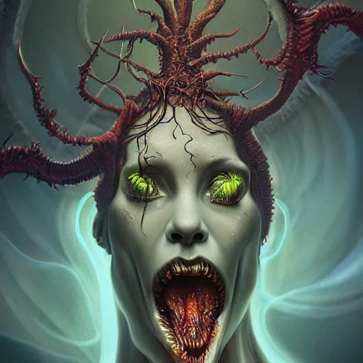 Image similar to photorealistic eldritch demon woman in the style of michael whelan and gustave dore. hyperdetailed photorealism, 1 0 8 megapixels, amazing depth, high resolution, 3 d shading, 3 d finalrender, 3 d cinematic lighting, glowing rich colors, psychedelic overtones, artstation concept art.