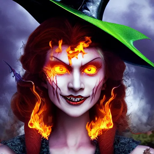Image similar to incredibly pretty wicked witch with a devilish grin on a pyre. the flames flee from the witch. highly detailed. 4 k.