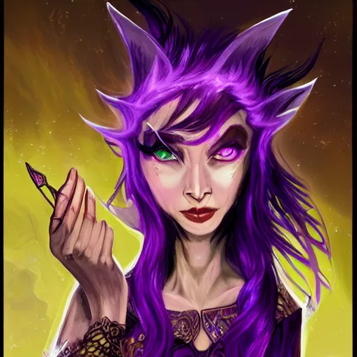 Image similar to high quality fantasy painting of a half-elf sorceress, she has purple hair, 35 years old, magical chaotic lights dance around her, dark and ominous background