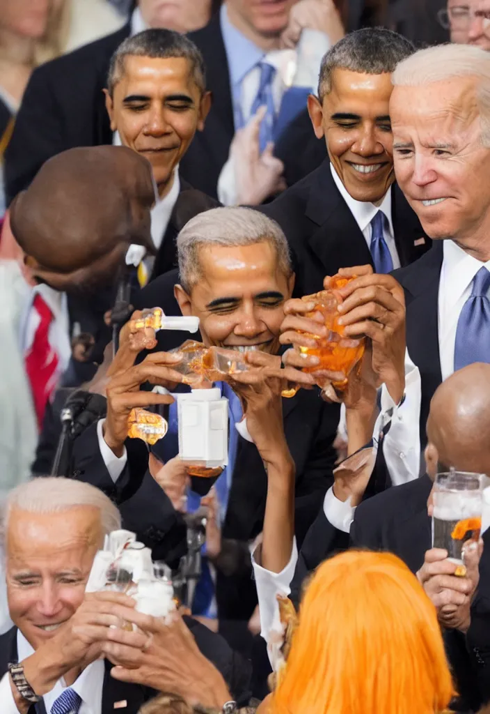 Image similar to An award winning image of Barack Obama drinking Fanta soda in front of Joe Biden