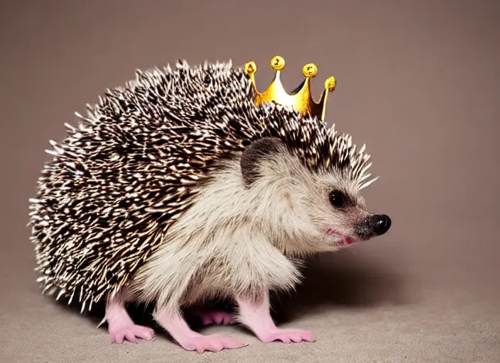 Prompt: a hedgehog wearing a crown, as a lion king character