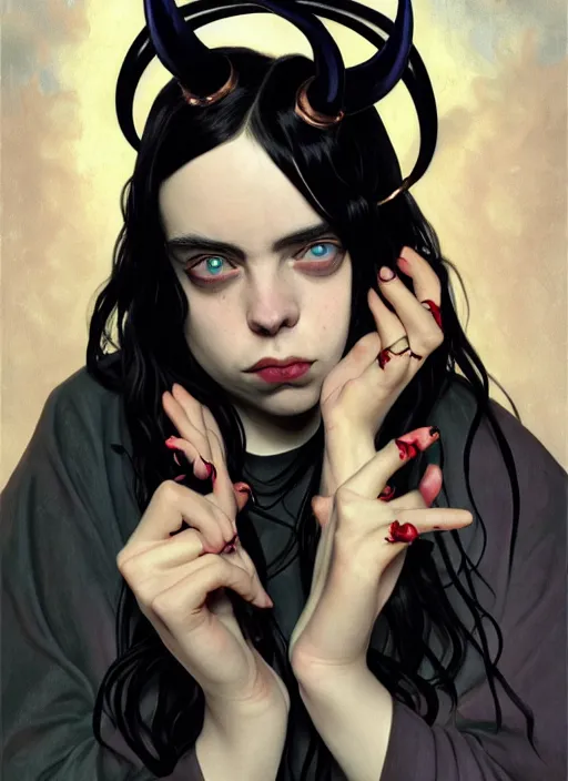 Image similar to Billie Eilish with two demon horns, noir, highly detailed, digital painting, artstation, concept art, sharp focus, illustration, art by Alphonse Mucha and Ian Sprigger and Edmund Bliar Leighton