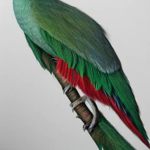 Prompt: a full body realistic coloured pencil drawing of a quetzal, realistic graphite, highly detailed, artstation, fine art, white background, by marcello barenghi