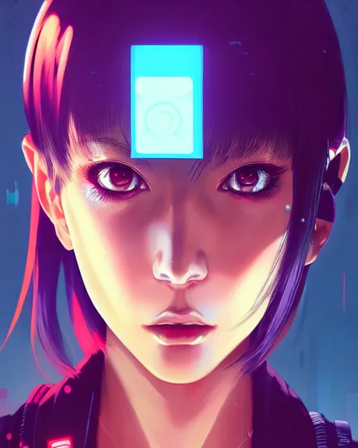 Image similar to a comic potrait of a cyberpunk cyborg girl with big and cute eyes, fine - face, realistic shaded perfect face, fine details. night setting. very anime style. realistic shaded lighting poster by ilya kuvshinov katsuhiro, magali villeneuve, artgerm, jeremy lipkin and michael garmash, rob rey and kentaro miura style, trending on art station